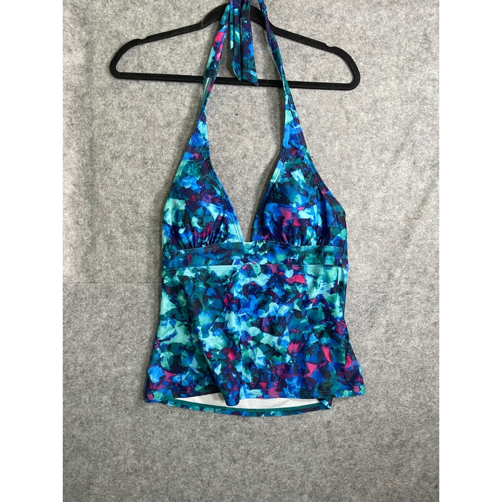 Lavish Blue Teal Abstract Watercolor Halter Tankini Swim Top Padded Large L